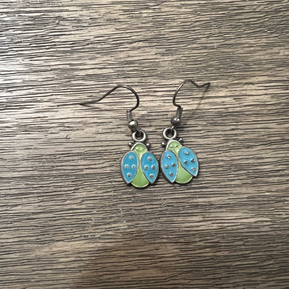 Ladybug blue and green dangle earrings
